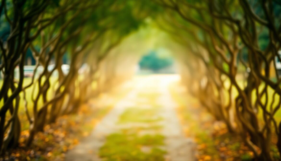 Norfolk School of Gardening Transforms Branches into Border Edging An abstract, out-of-focus image of a winding garden path lined with a soft, organic border of repurposed tree branches, captured in a warm, hazy palette of earthy tones.
