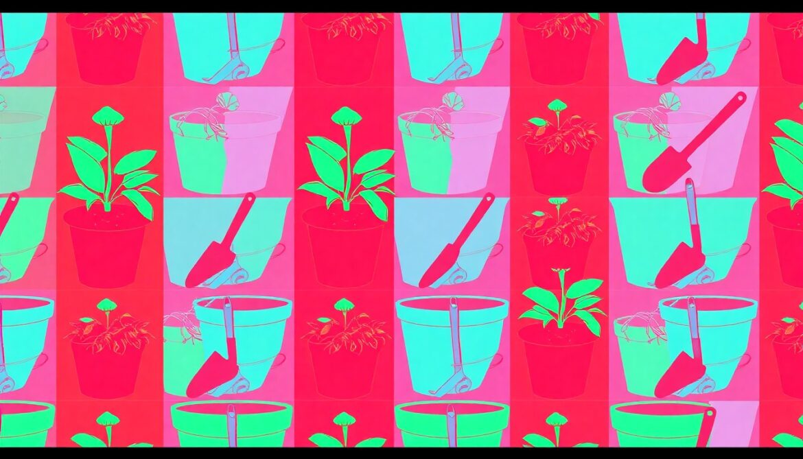 North Fulton Master Gardeners Host 25th Annual Garden Faire A bold, colorful silkscreen print featuring a repeating pattern of a potted plant or garden tool, capturing the vibrant energy and creative spirit of the North Fulton Master Gardeners Garden Faire.