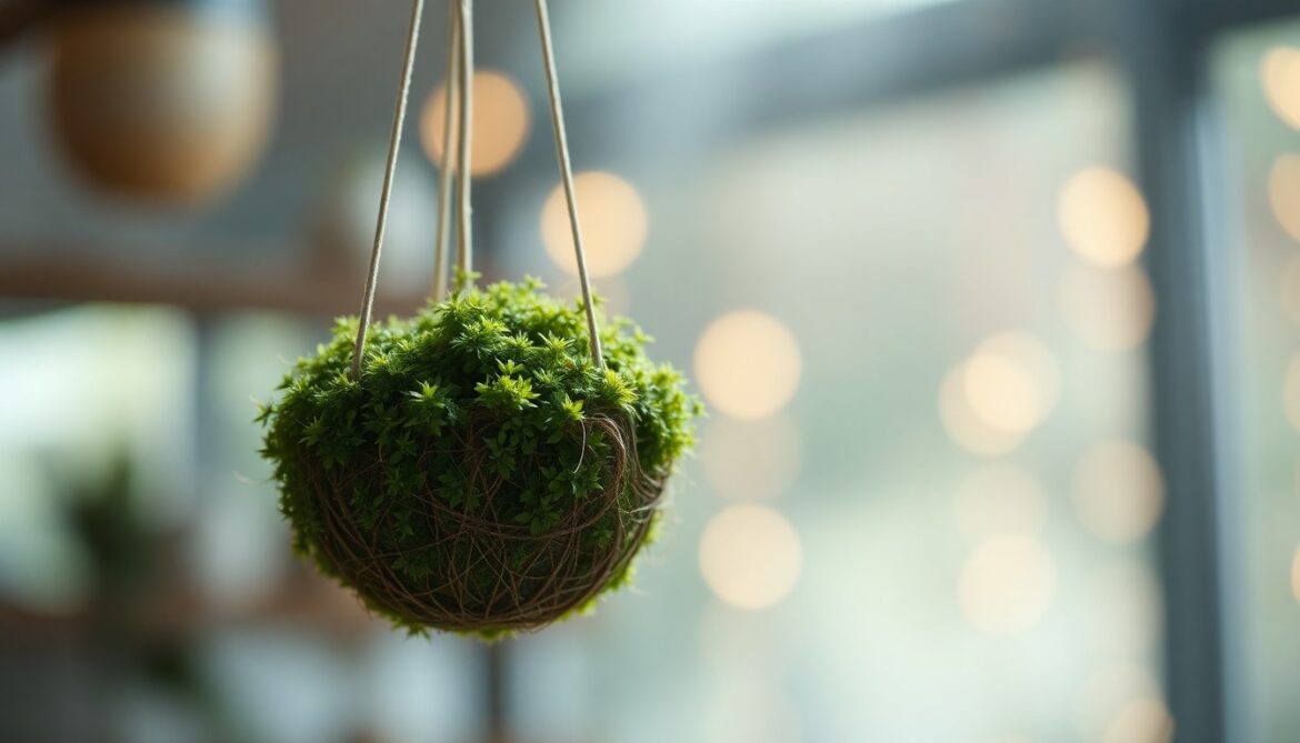 Kokedama: Bringing Japanese Gardening Magic to London Homes A blurred, atmospheric photograph of a hanging kokedama plant, its lush moss and delicate foliage standing out against a dreamy, out-of-focus background of warm, hazy color.