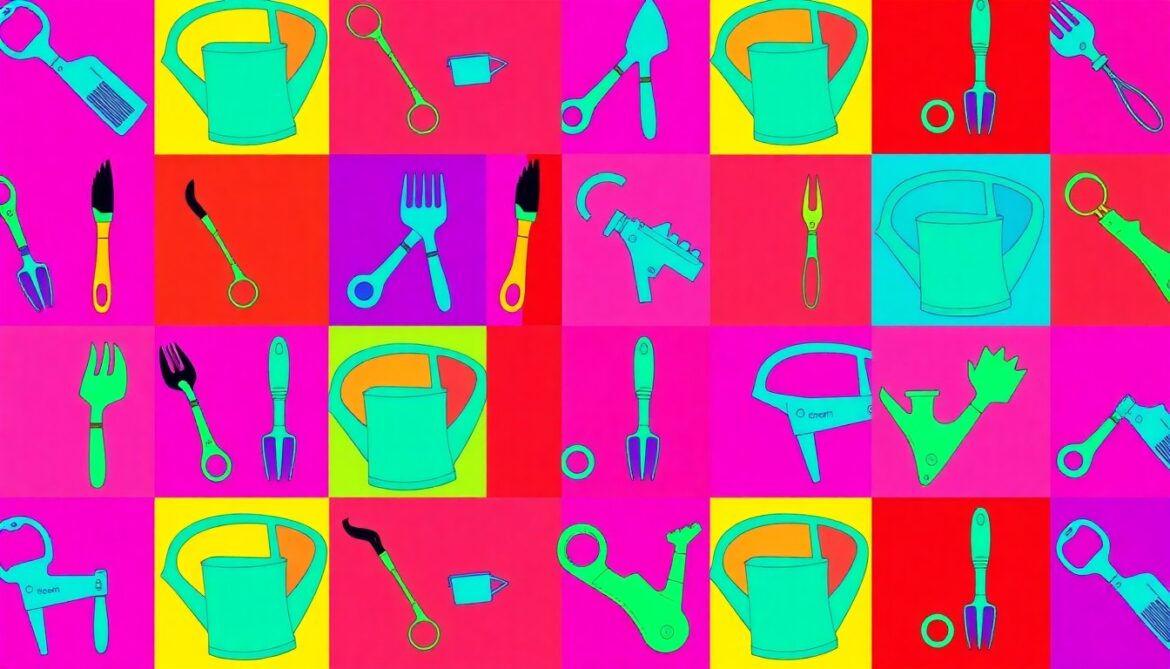 15 Plants That Thrive in Dry Shade: A Guide to Gardening Under Trees A brightly colored, high-contrast silkscreen print of a gardening trowel repeated in a tight grid pattern, using vibrant neon colors and heavy black outlines to transform the everyday tool into a modern pop art piece.