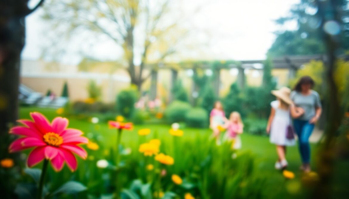 Amarillo Botanical Gardens Hosts Annual Garden Fest An impressionistic, out-of-focus photograph depicting a blurred scene of colorful spring flowers, verdant foliage, and silhouetted figures exploring an outdoor garden, conveying the celebratory and community-focused atmosphere of the annual Garden Fest event.