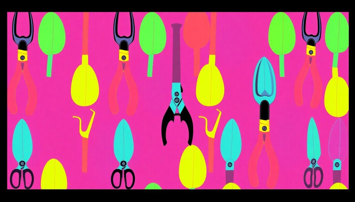 Christie Brinkley Launches Gardening Collection on HSN A brightly colored, high-contrast silkscreen print of a gardening trowel repeated in a tight grid pattern, utilizing flat, vibrant neon colors and heavy black outlines to transform an everyday tool into modern pop art.