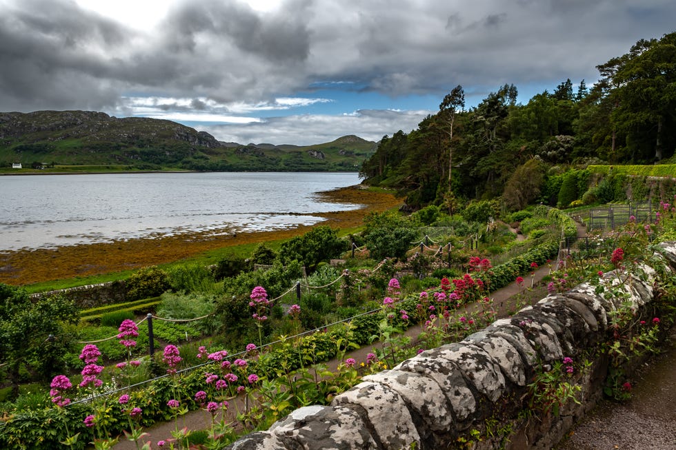 view from botanical park inverewe garden over the atlantic coast of loch ewe in the highlands of scotland
