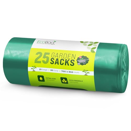 Ecobag - 25 Pack Extra Strong Heavy Duty Garden Sacks - 80l - 30 Microns - Recyclable, Leak Resistant &amp; Eco-Friendly, Durable Garden Waste Disposal Bags for Household &amp; Commercial Use (700x860mm)