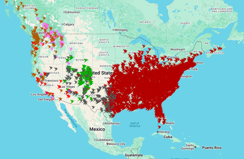 interactive hummingbird map map displaying various locations marked with bird icons across the united states and parts of mexico and canada