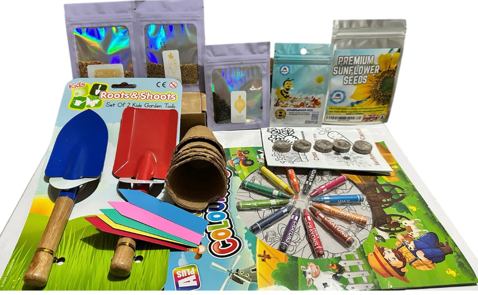 Kids Gardening Set, Garden Set for Kids, Grow Your own kit for Children, Seed Kits for Children, Save The Bees kit, Childrens Gardening Set, Kids Activity Pack (Model 3 with Garden Tools) Kids box kit wildflower veg herb