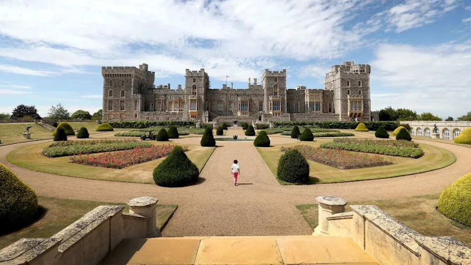 Visitors look around Windsor Castle's East Terrace Garden as it prepares to open to the public at Windsor Castle on 5 August, 2020 in Windsor, England.