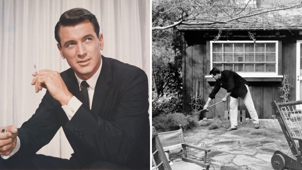Rock Hudson’s ’50s Patio Featured Fringe Furniture rock hudson on a white background on the left and raking in his garden on the right