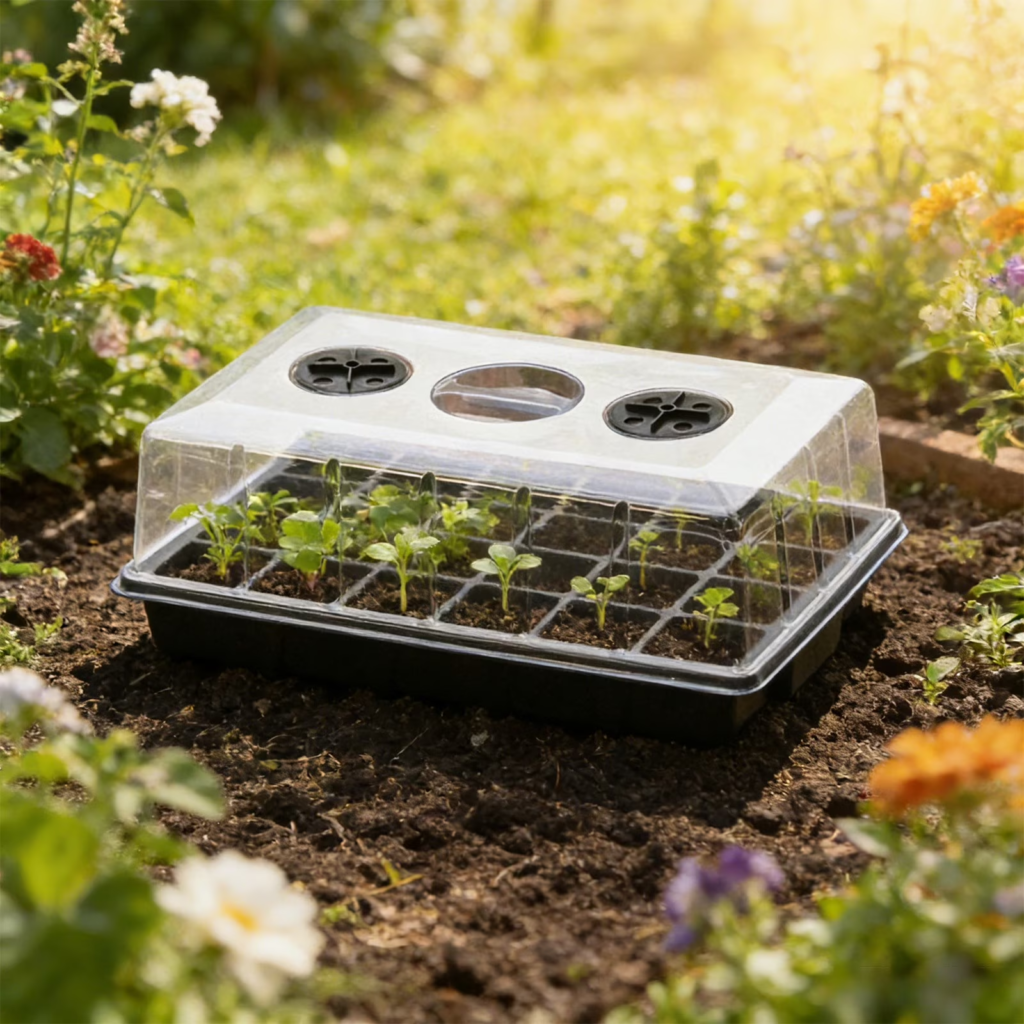 Greenhouse seed starter tray with vents