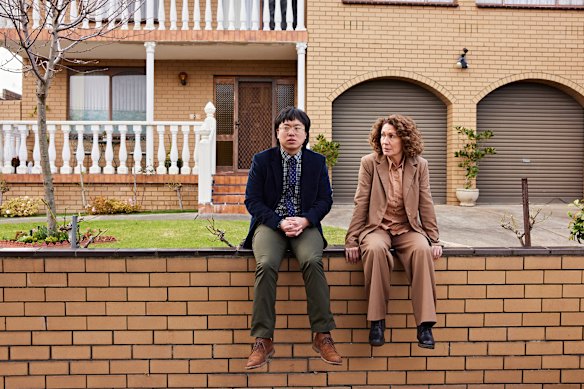 Aaron Chen and Kitty Flanagan as George and Helen in the ABC comedy Fisk.