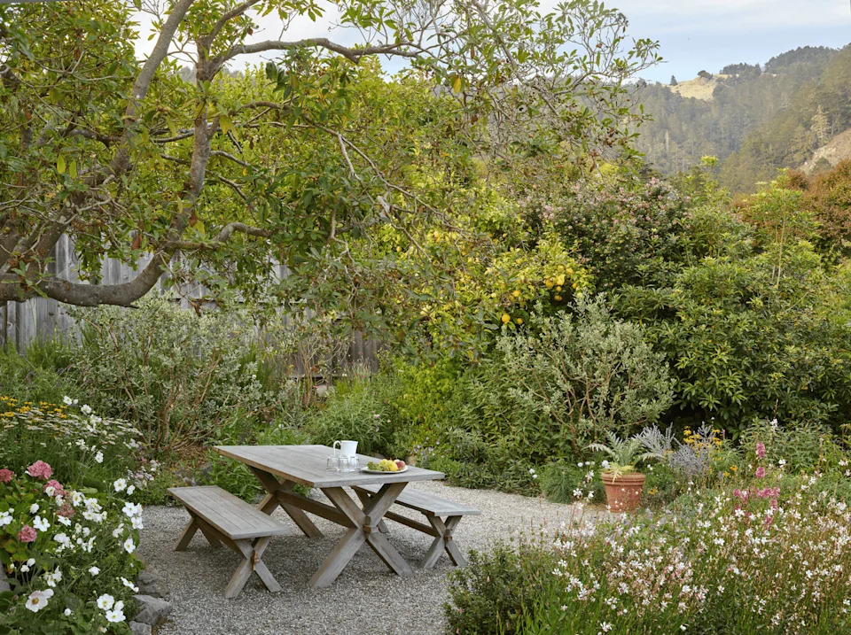 picnic table in a California cottage garden