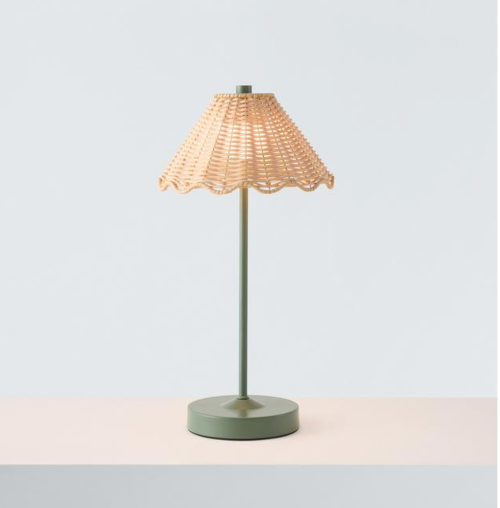 table lamp with a woven shade and a green base table lamp with a woven shade and a green base