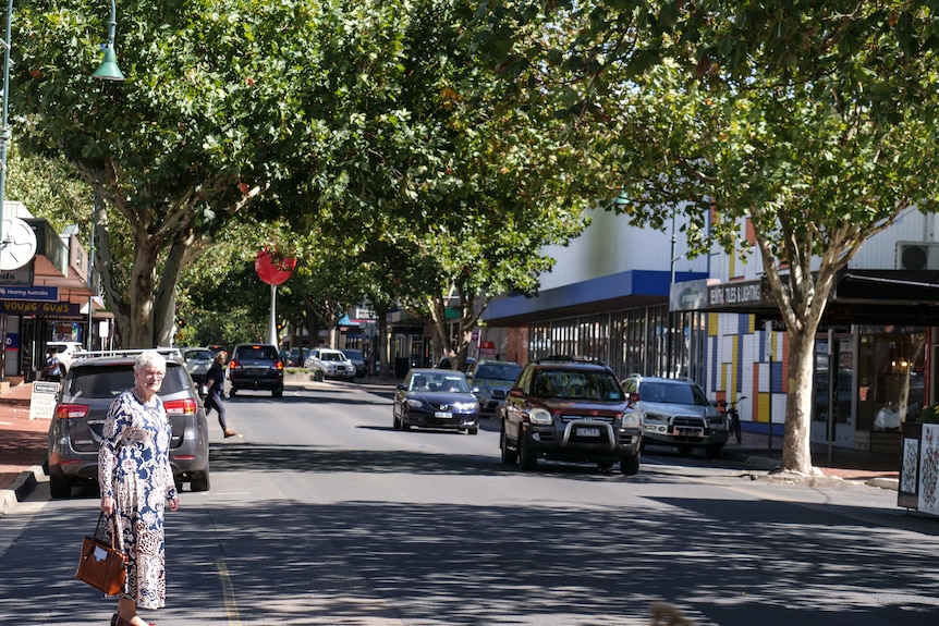 An elderly woman prepares to cross the street lined with tall green canopy trees