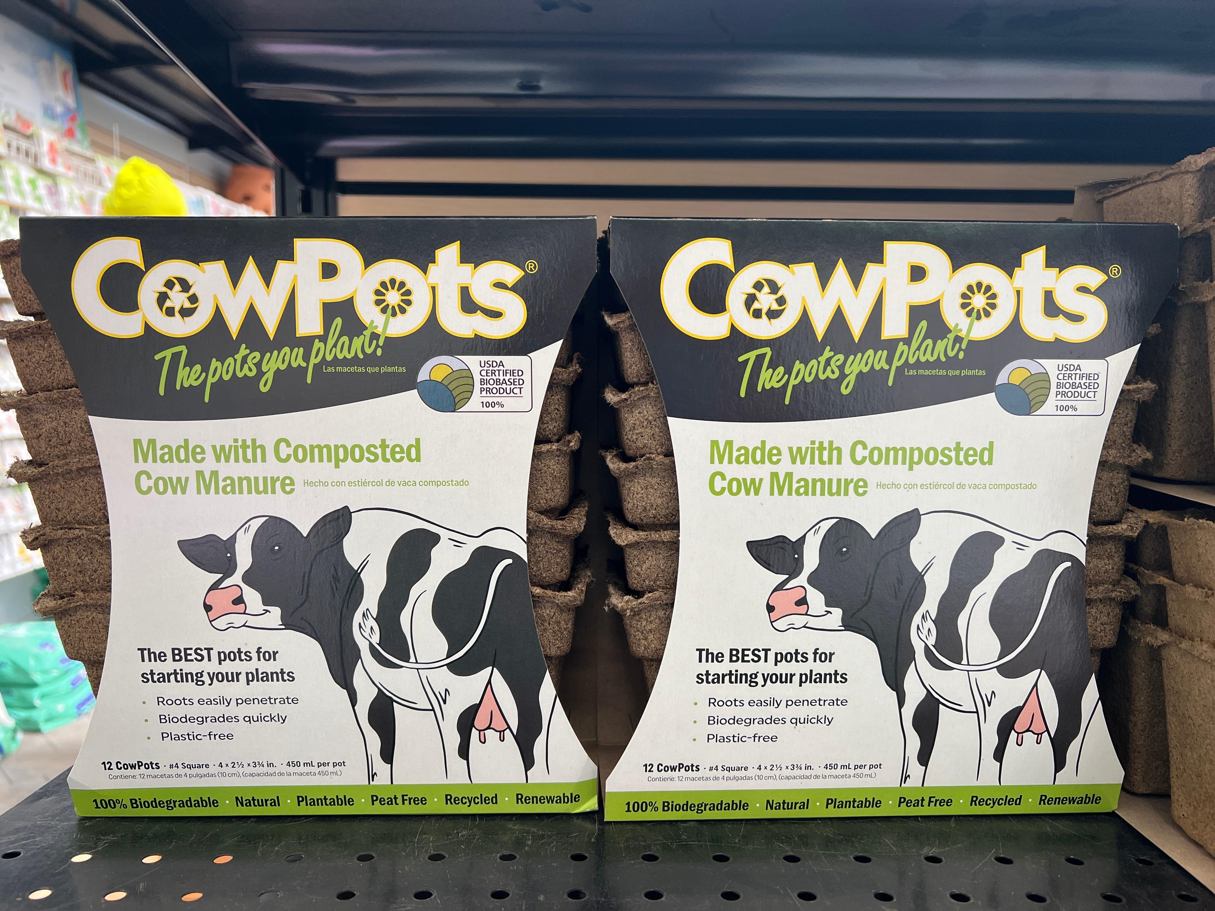 Packages of plastic-free, manure-based CowPots planting pots