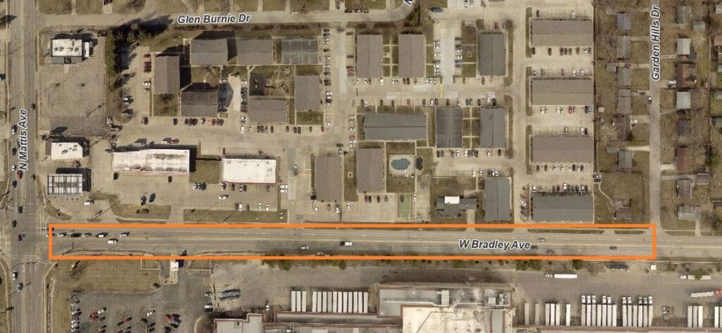 Bradley Avenue Lane Closures (between Mattis Avenue and Garden Hills Drive) A map indicating a portion of West Bradley Avenue is closed between Mattis Avenue and Garden Hills Drive.
