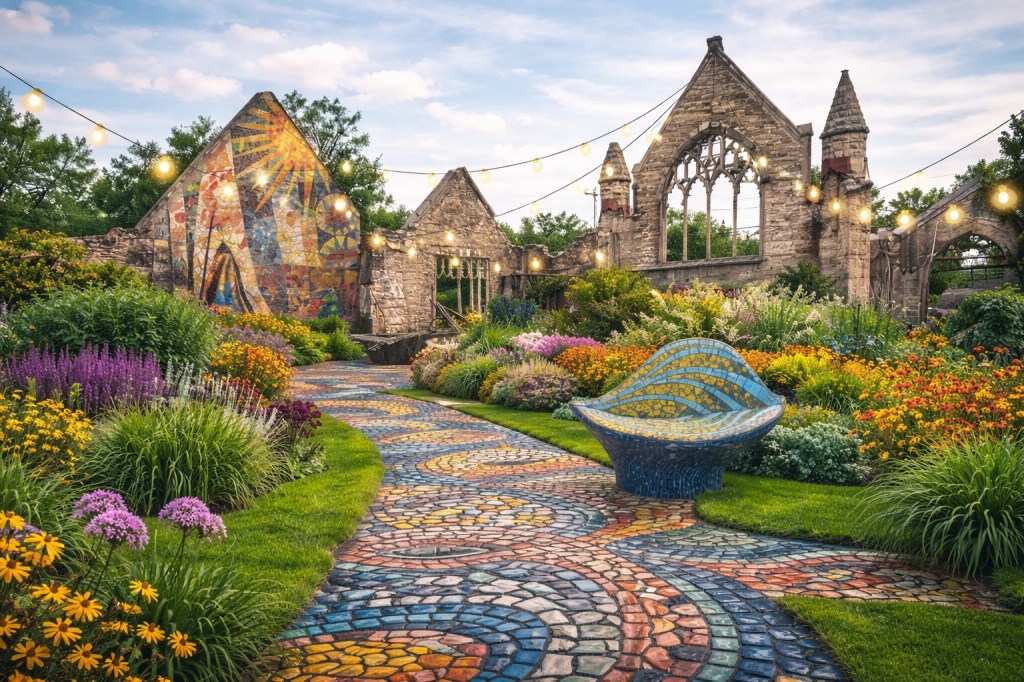 Project reimagines burnt church as public mosaic garden Project reimagines burnt church as public mosaic garden