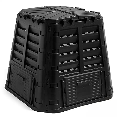 Vonhaus Compost Bin for Garden 480l &ndash; Composter With Slatted Design for Aeration, Rainwater Collection, Side Flap &amp; Lid &ndash; Outdoor Compost Converter &ndash; Frost &amp; Uv Resistant - Black