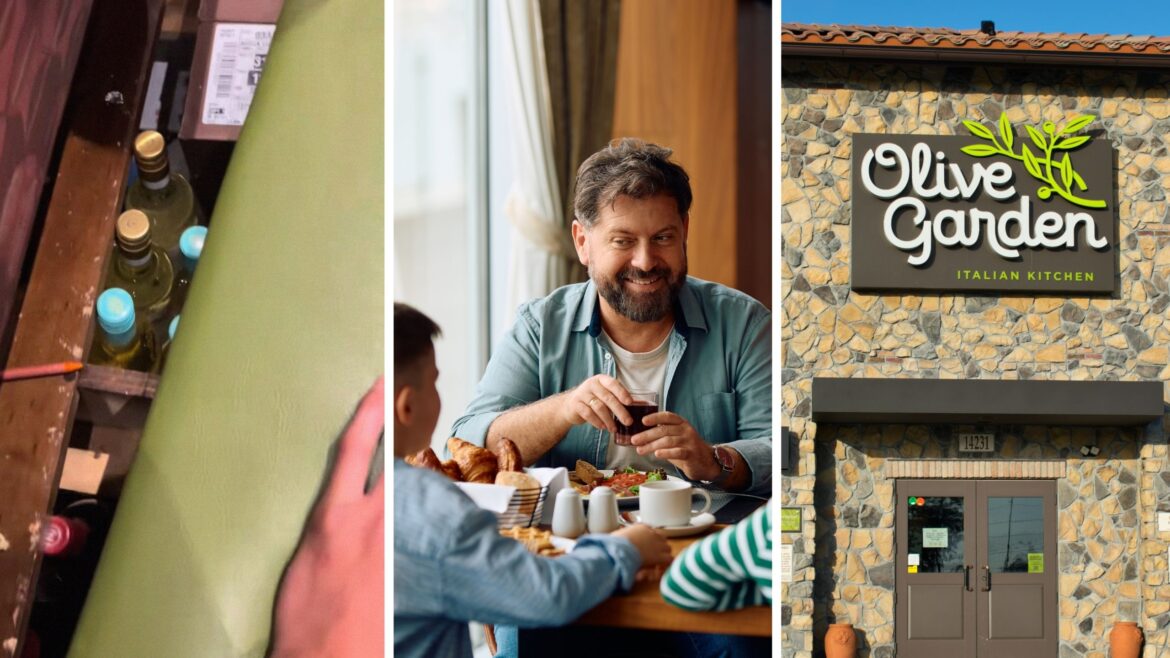 What’s Hidden In Olive Garden Booths? bottles of wine (l) family at olive garden (c) olive garden entrance (r)