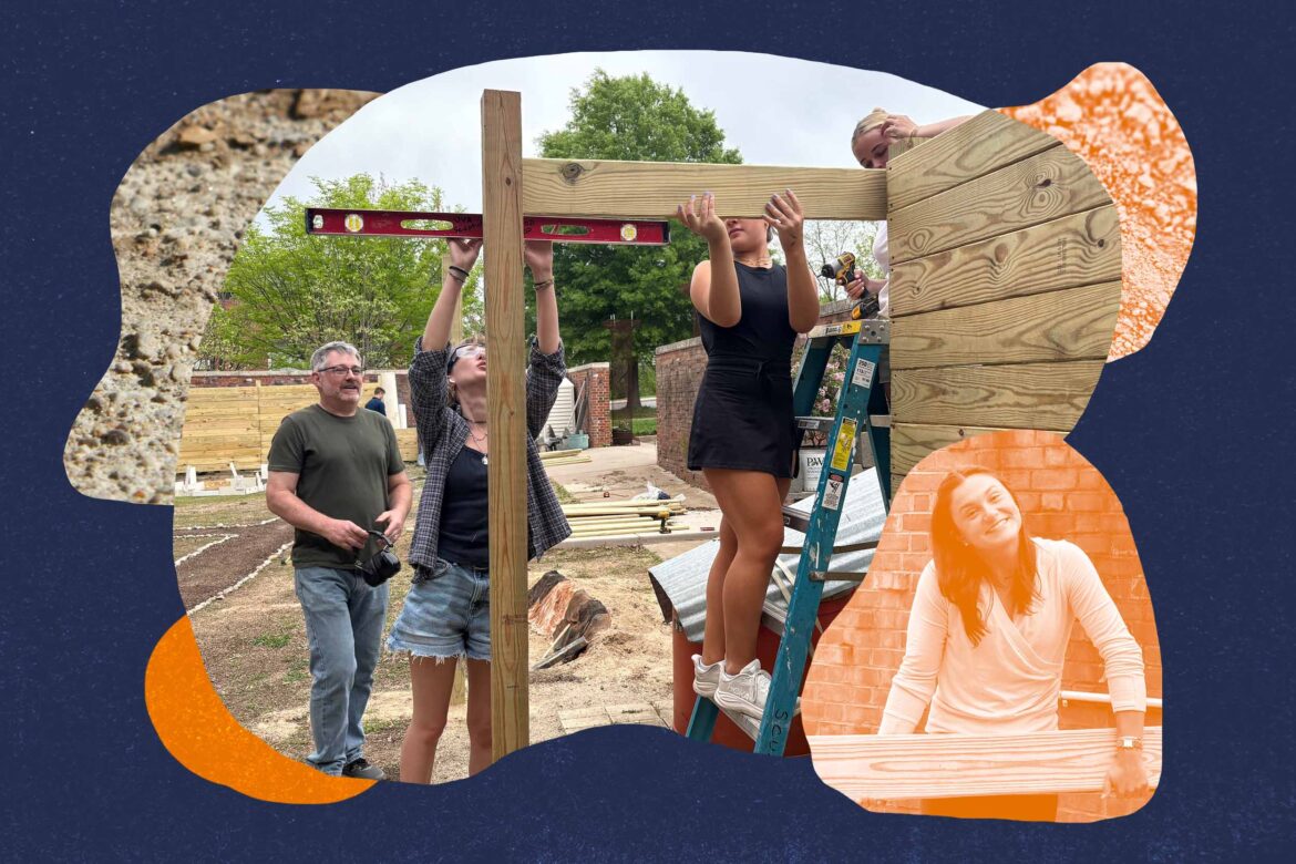 Collage of photos showing students working on building their garden wall
