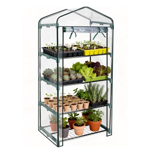 Worth Garden 4 Tier Mini Greenhouse - 63'' H X 27'' L X 19'' W - Sturdy Portable Gardening Shelves With Pvc Cover - Small Green House Use in Indoor & Outdoor for Plants Flowers