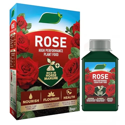 Rose Plants Feeding Growing Bundle - Rose Food Enriched Horse Manure 3kg &amp; Rose Feed Liquid 1l Garden Fertiliser for Outdoor Plants or Houseplants With Topline Card.