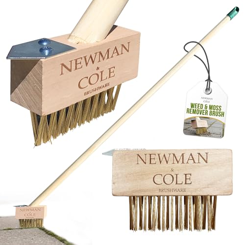 Weed Brush Long Handle for Cleaning Patios, Block Paving and Driveway &minus; Patio Remover Tool With Angled Wire Bristles, 120cm Blade Scraper to Remove Weeds Moss Build-Up