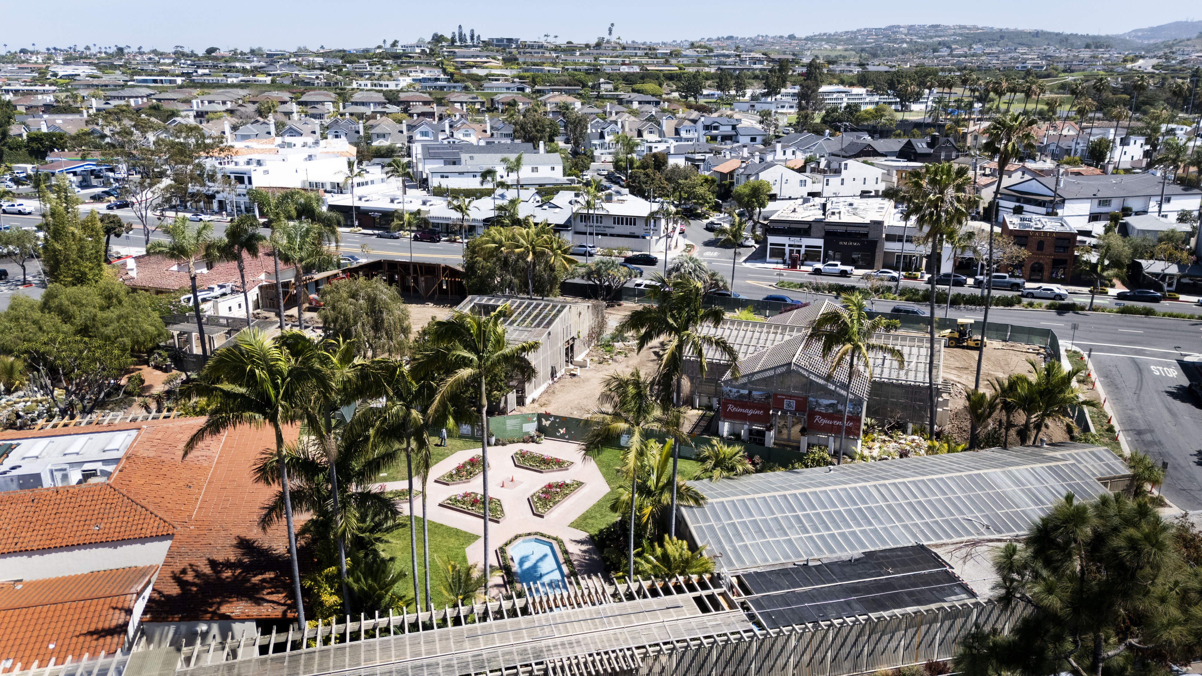 Construction continues along PCH, top, at Sherman Library & Gardens...