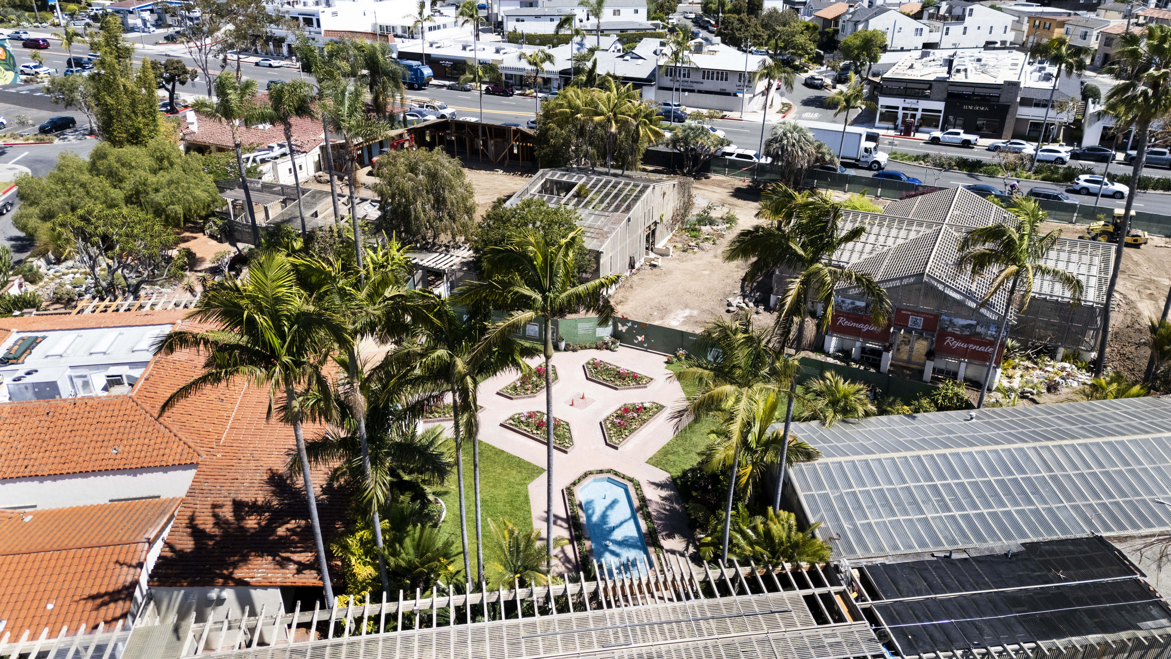 Construction continues along PCH, top, at Sherman Library & Gardens...