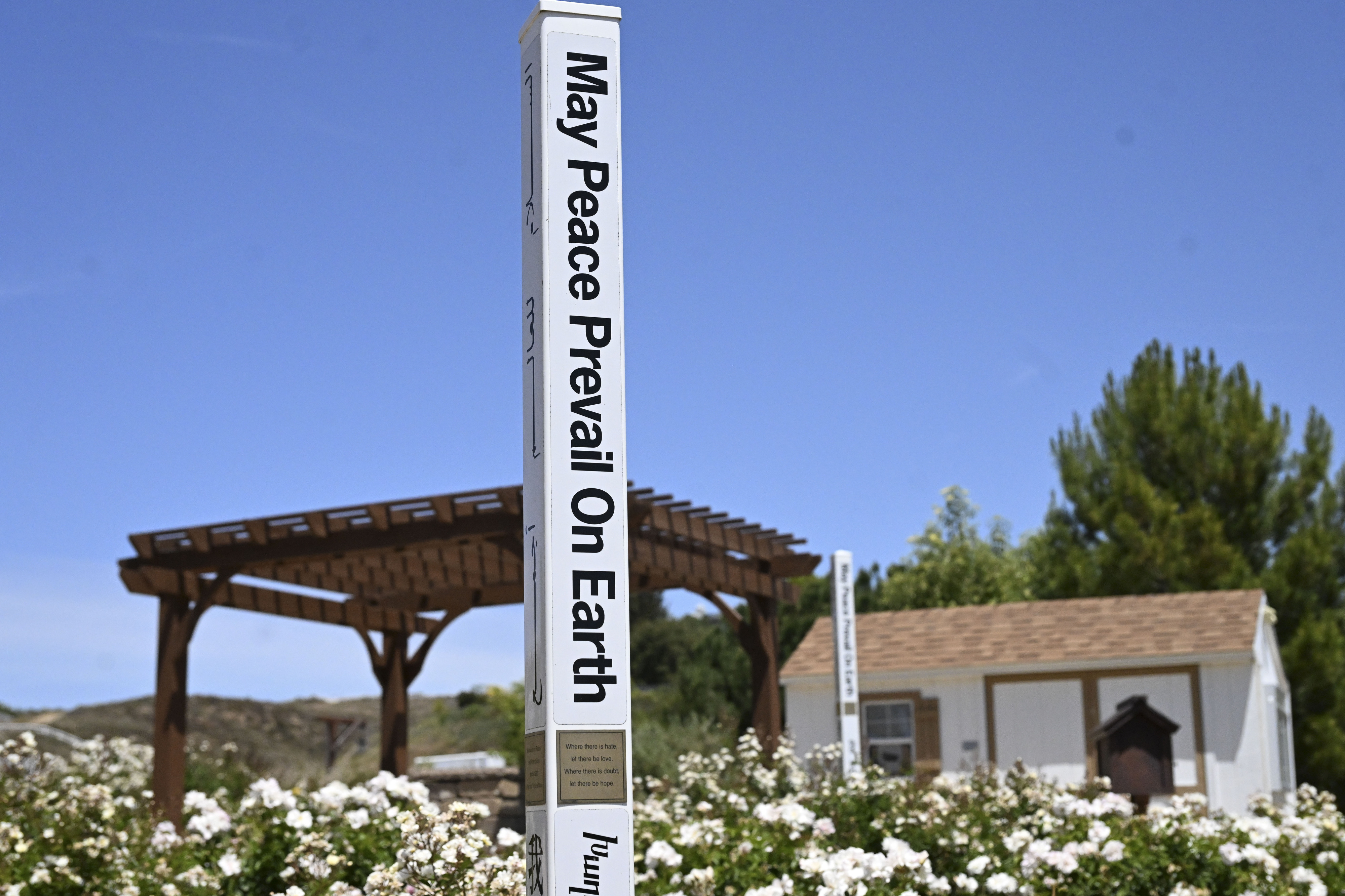 Messages in various languages are written on poles in the...