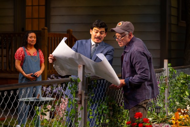 From left: Alina Collins Maldonado, Bradley Tejeda and Greg Wood in "Native Gardens" at Hartford Stage through May 10. (T Charles Erickson)