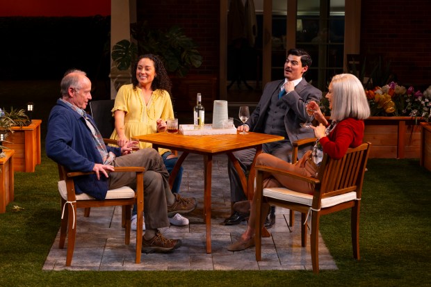 The tense neighbors of "Native Gardens" in better times. From left: Greg Wood as Frank Butley, Alina Collins Maldonado as Tania del Valle, Bradley Tejeda as Pablo del Valle and Judith Lightfoot Clarke as Virginia Butley. (T Charles Erickson)