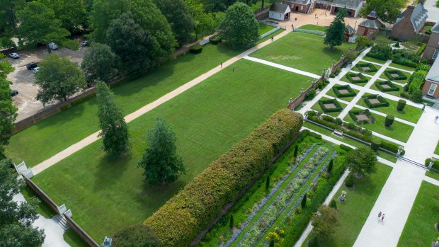 Aerial views of the Bowling Green next to the Governor's Palace. (Brian Newson/The Colonial Williamsburg Foundation)