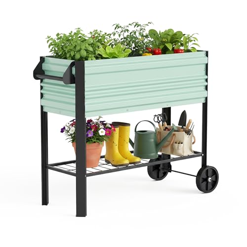 Workpro Galvanized Raised Garden Bed With Legs &amp; Wheels, 37x14.6x31.6in, 400lb Capacity Elevated Planter Box for Garden, Backyard, Patio &amp; Deck, Light Green