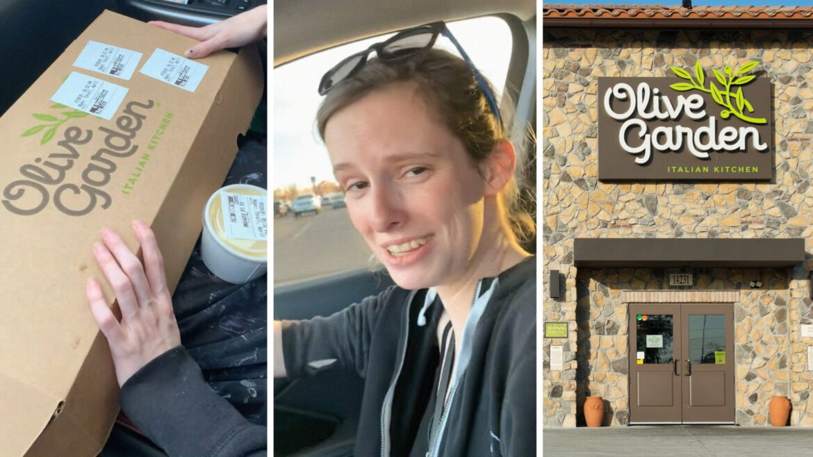 What’s The Breadstick Box At Olive Garden? olive garden food package (l) woman shares food order (c) Olive garden entrance (r)