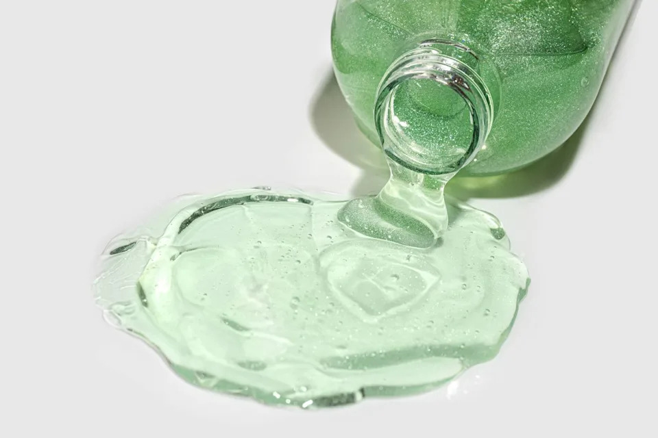 moisturizing transparent cosmetic aloe vera gel or serum for face with oxygen aqua bubbles.