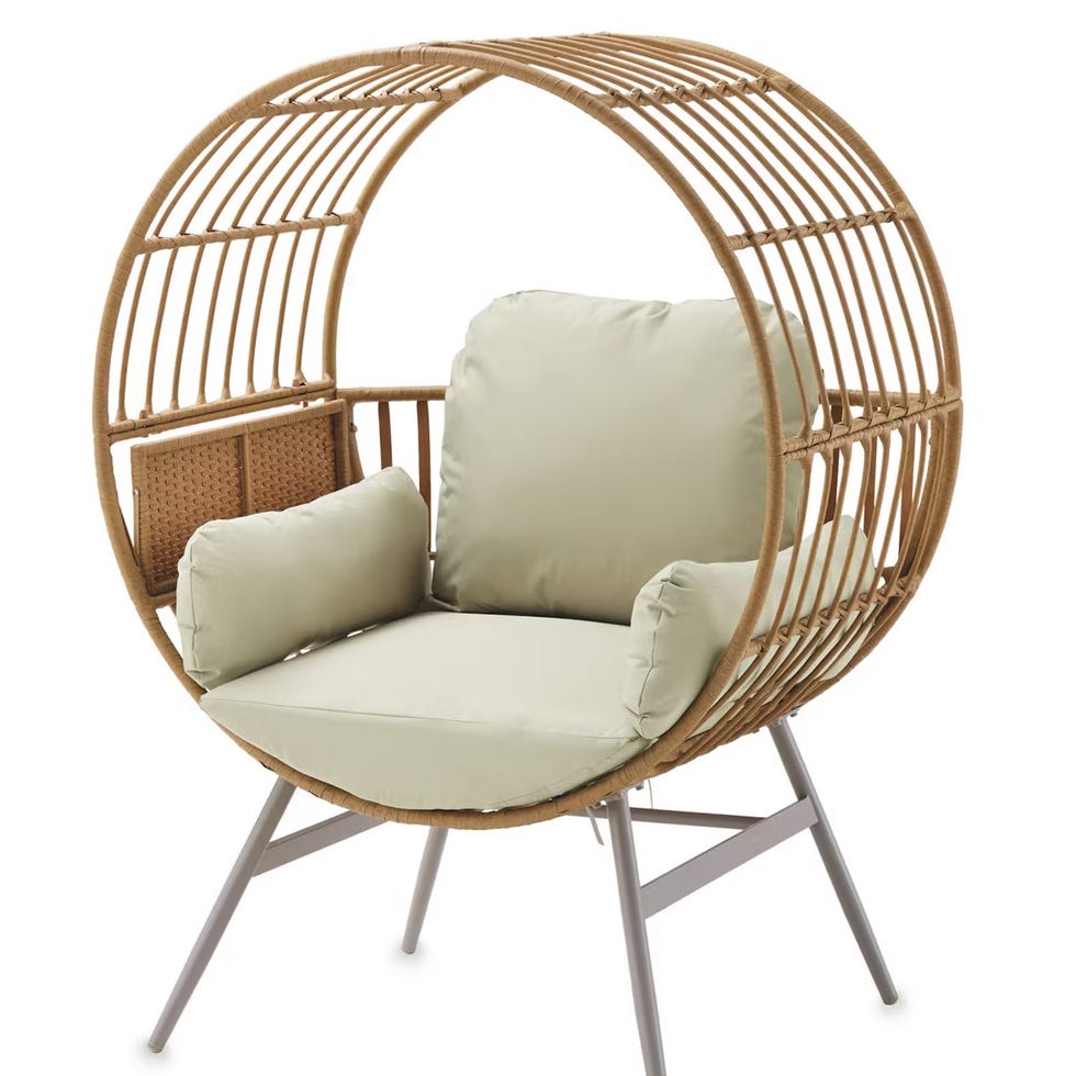 Aldi's egg chair circular rattan chair with soft cushions