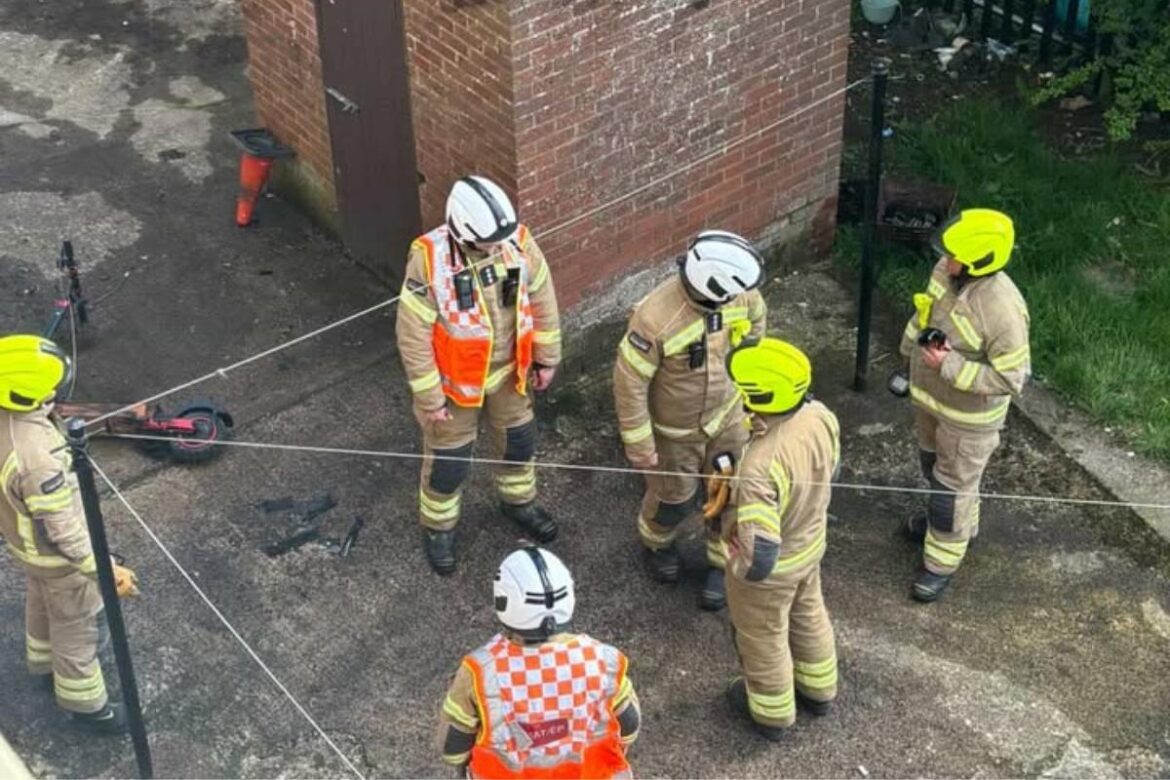 Watch moment electric scooter suddenly BURSTS into flames in garden