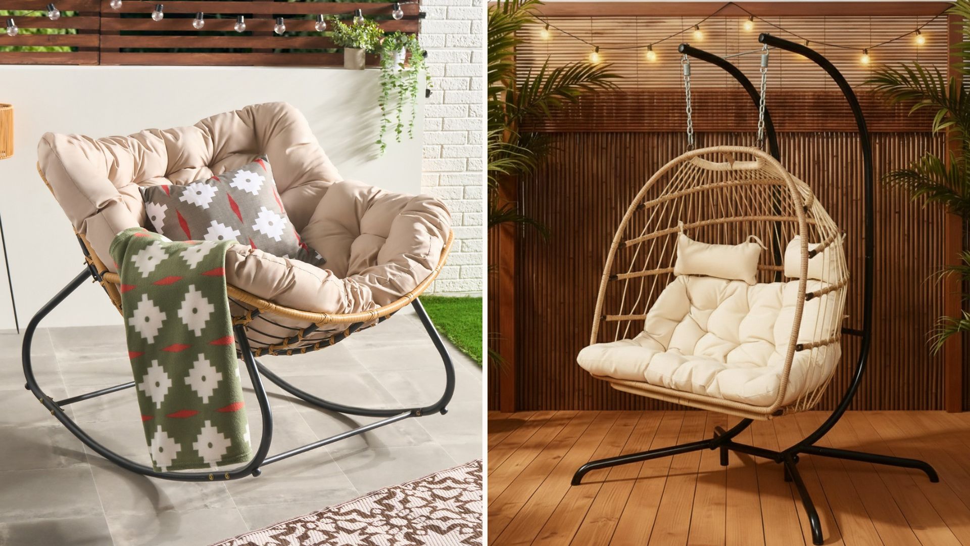 Split image of a garden rocking chair and a double egg chair