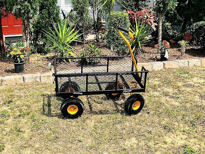Reviewer's black with yellow handle wagon in grass