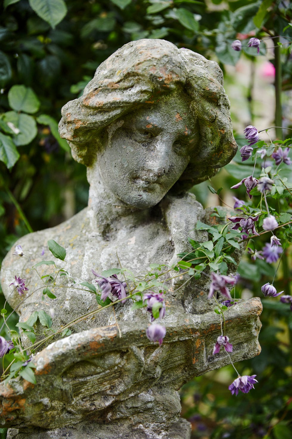 a stone sculpture partially covered by foliage and purple flowers