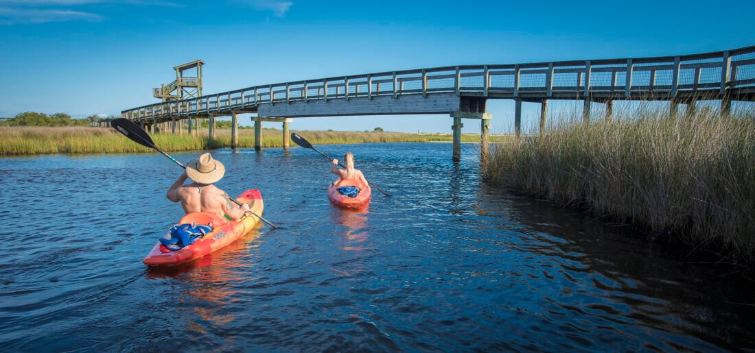 People kayak in a marsh