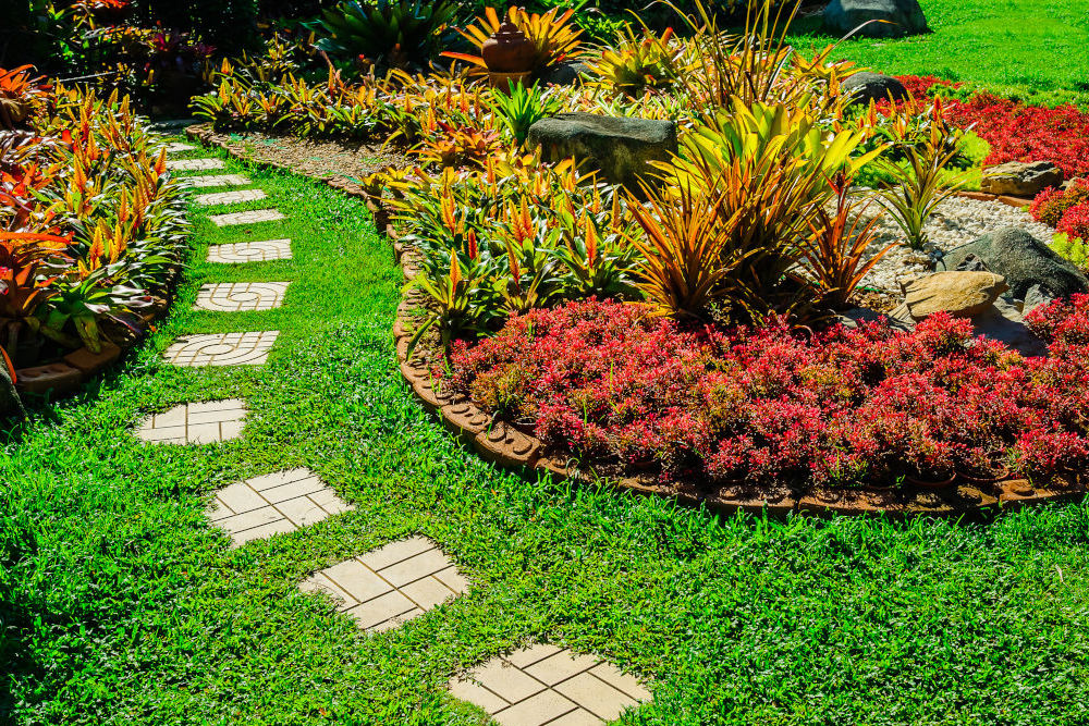 Pathway in garden, green lawns with bricks pathways, garden landscape design, Design background