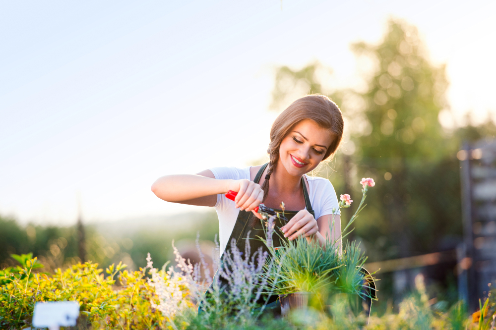 Young gardener cutting little flower plant, green sunny nature, spring garden