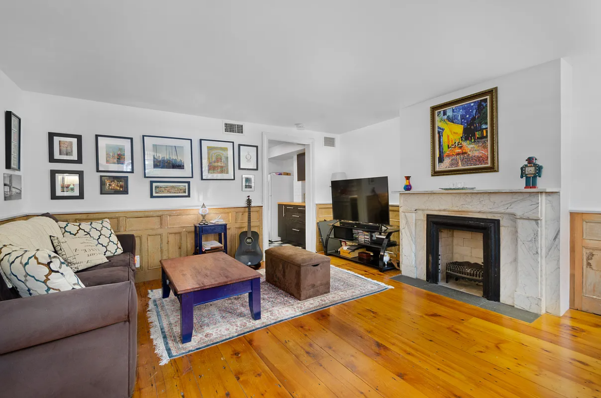Boerum Hill Garden Unit With Mantel, Central Air Asks $3,800 boerum hill living room with wainscoting, marble mantel
