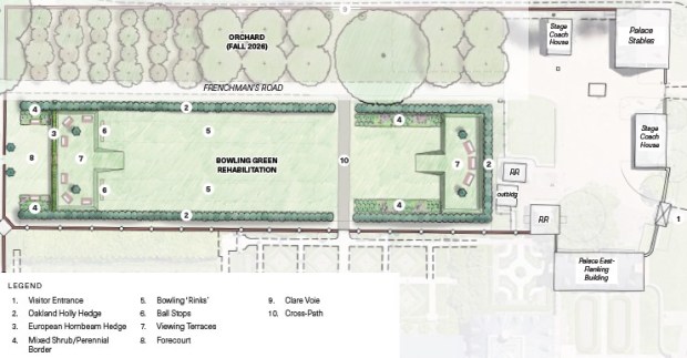 Rendering of the completed Bowling Green project at the Governor's Palace. The palace is to the lower right of the picture. (Nelson Byrd Woltz LandscapeArchitects)