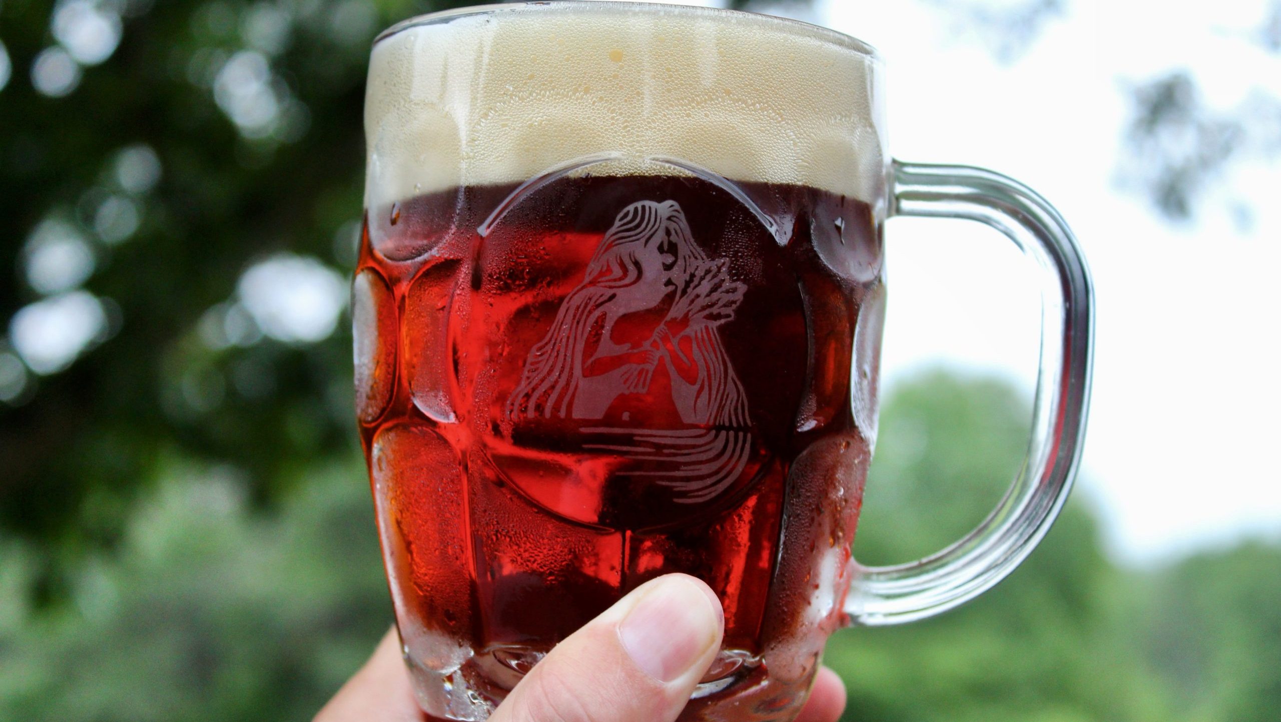 A hand holds up a mug of liquid.