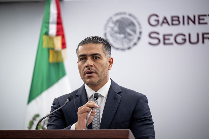 Mexican Secretary of Security and Citizen Protection, Omar Hamid Garcia Harfuch, at a press conference a day after the capture of Audias Flores Silva, in Mexico City on April 28, 2026.