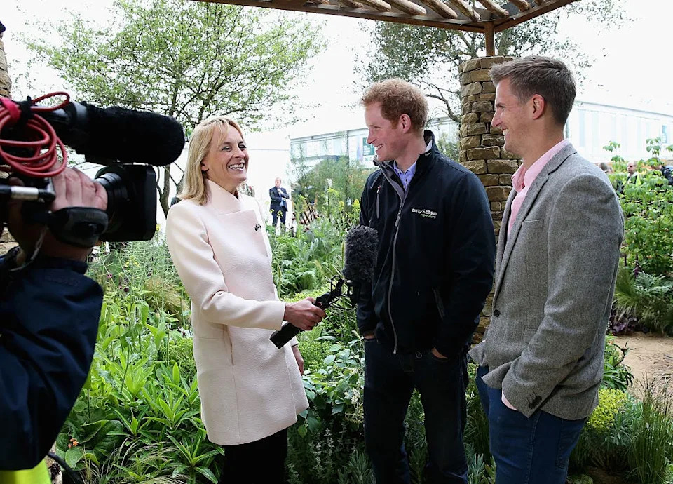 london, england may 18: prince harry chats to louise minchin from bbc breakfast as they visit the sentebale hope in vunerability garden during the annual chelsea flower show at royal hospital chelsea on may 18, 2015 in london, england.the sentebale hope in vulnerability garden at rhs chelsea flower show was designed by matt keightley and is inspired by the mamohato childrens centre in lesotho. the childrens centre is due to open later this year in lesotho and will provide support to children living wth hiv (photo by chris jackson/getty images for sentebale)