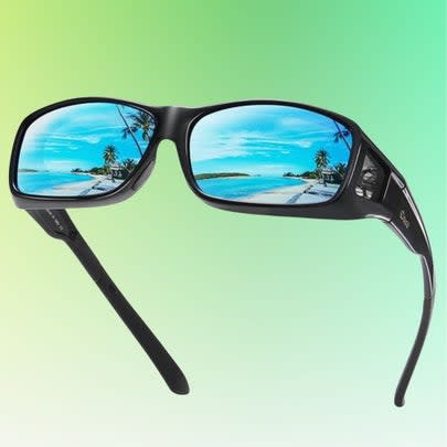 A pair of wrap-around polarized sunglasses