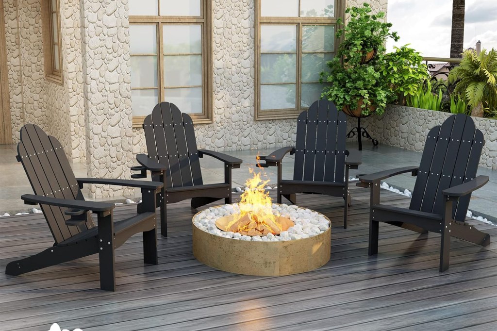 Illustration of four dark Adirondack chairs surrounding a lit fire pit.